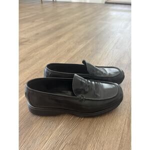 Coach Black Leather Loafer Shoes Square Toe Slip On Logo Accent Casual